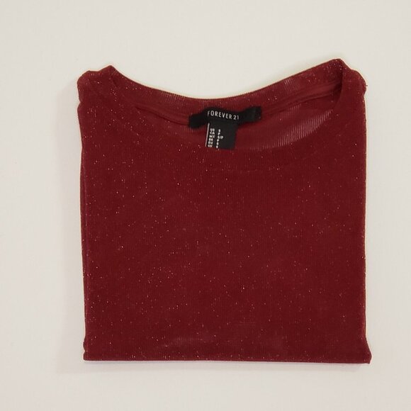 FOREVER 21 Women’s Size Small Mesh Crop Top Red Wine & Gold Shimmer Long Sleeve - Picture 15 of 16